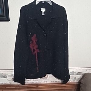 Chico's Black and Red Cardigan Sweater with Abstract Design